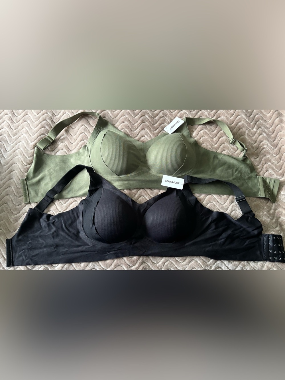 Set of 2 Wireless Lightly Padded Ribbed Comfort Bra - Olive Green & Black